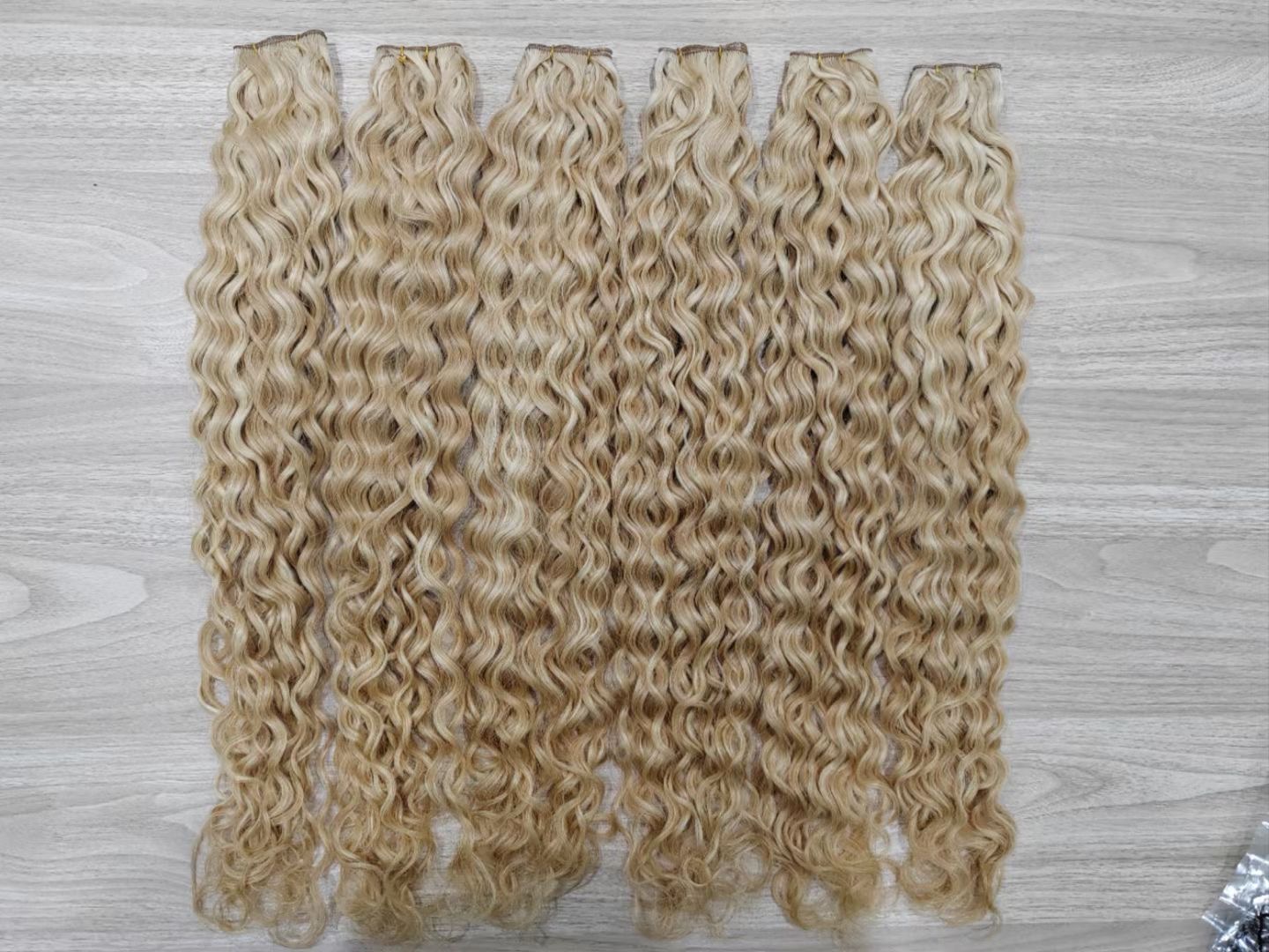 virgin human hair curly blonde color PU weft hair